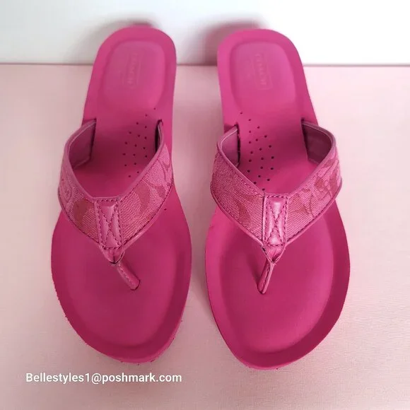 COACH Jaicee Wedge Platform Sandals in Signature Fabric-Fuchsia color.Size 9.5B⭐ - Picture 7 of 16